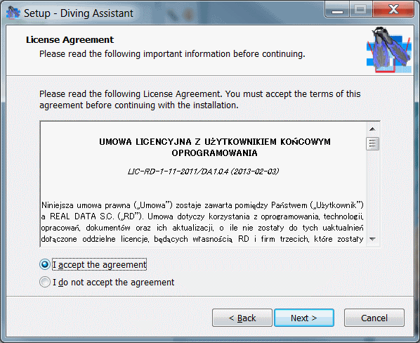 License agreement of diving package.