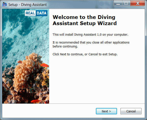 Diving Assistant Setup - Welcome screen