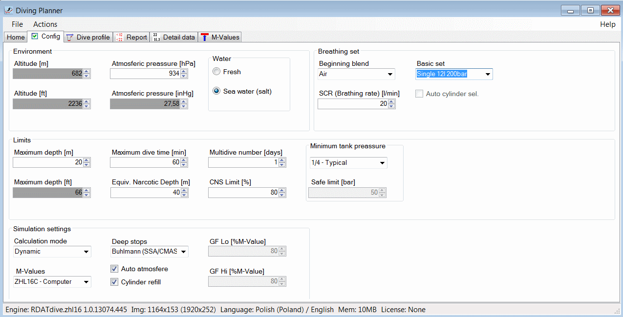 Diving Planner - Configuration tab