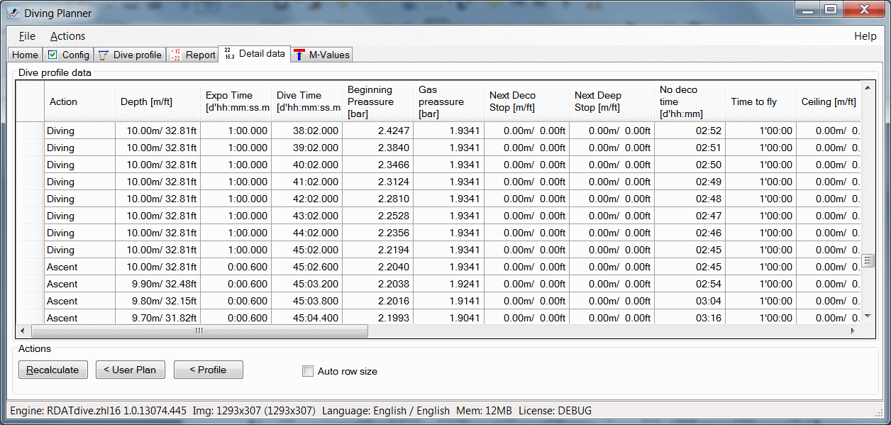 Dive profile: action,depth,exposition,pressure,ceiling,first deco,next deco,time to fly