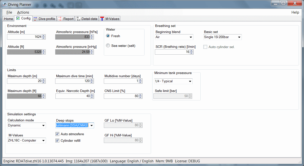 Example profile for altitude diving, application config screenshot