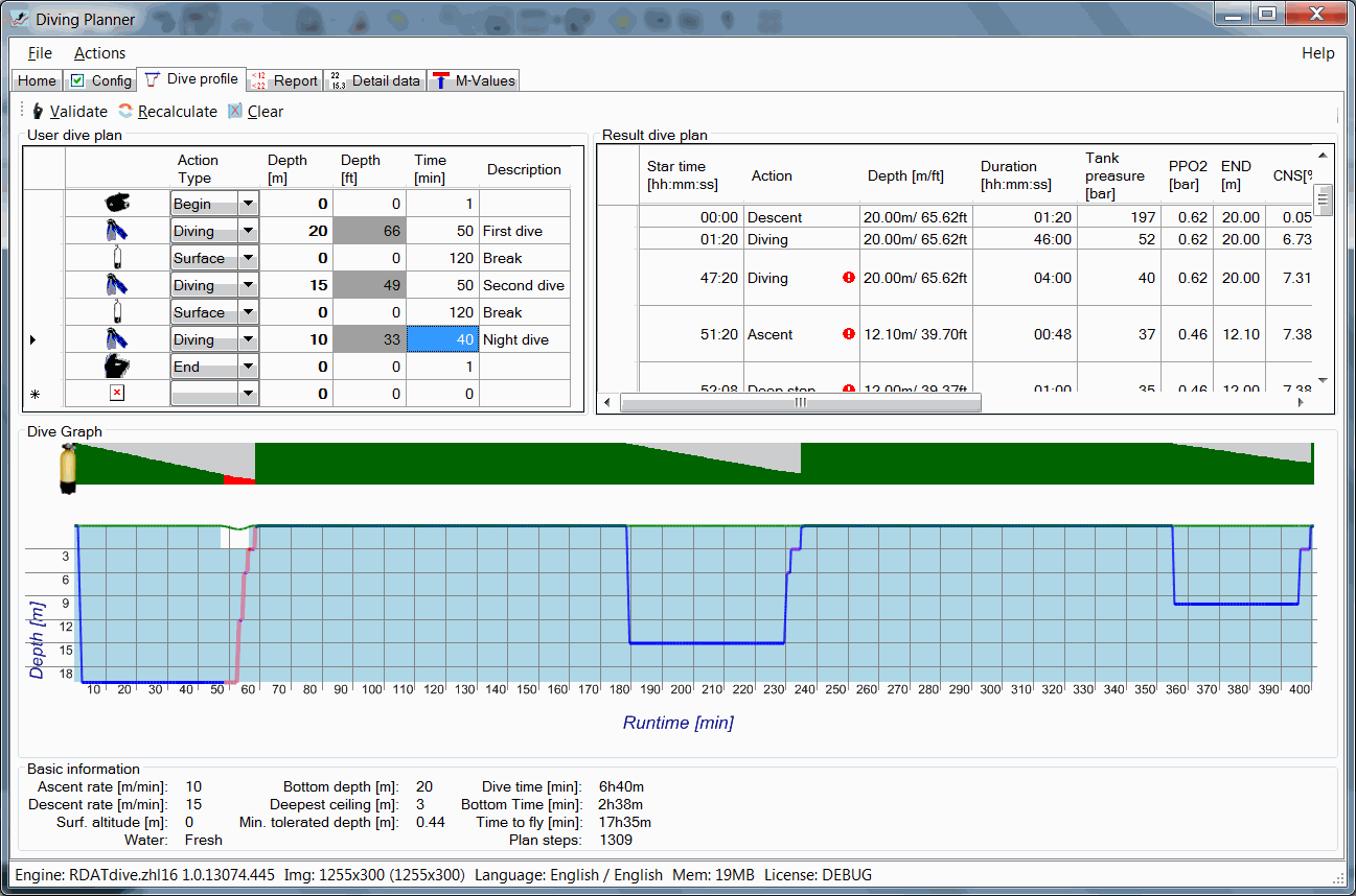 Scuba dive profile - first check - warnings