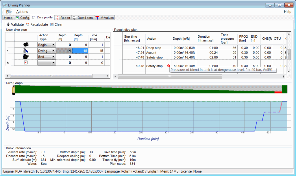 Dive profile: user plan,profile,deco,depth,summary dive data,warrings