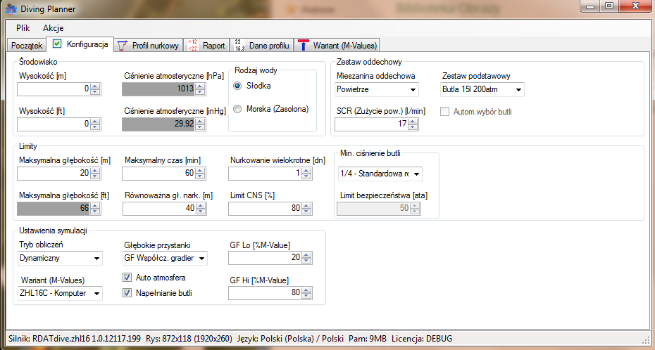 Diving Assistant - konfiguracja, wysoko��,mieszanina, zu�ycie,limity,dekompresja,stopy,opcje