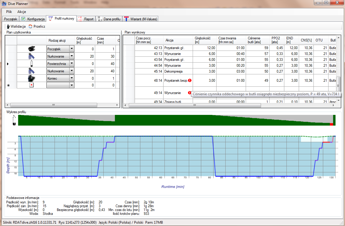 Planner: plan nurkowy, profil, plan dekompresji i przystank�w